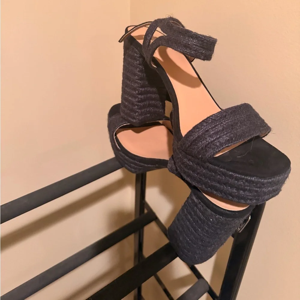 Black Jute straw woven open toe thick block heeled sandals